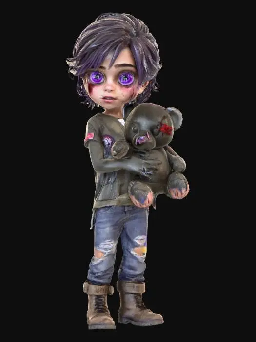 3D model for #Halloween2025#Tough young girl survivor, age 10, small but confident, messy short hair with uneven knife-cut bangs, one grey eye and one faint violet glowing eye. Dirty face with small scars. Wears oversized torn military jacket with stitched patches, ripped striped shirt, rugged shorts, torn leggings and heavy worn boots tied with wire. Rope belt with trinkets, bones and keys. Holds creepy teddy bear in one hand: damaged fur, stitches, one glowing red eye, little claws sewn into paws. Gritty post-apocalyptic style. Dark horror fantasy vibe, fearless attitude, slight smirk.