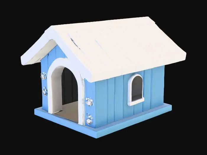 3D model for cute low poly dog house, white plain roof, blue sides, dog print texture