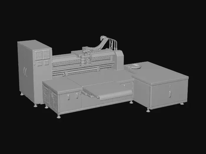 3D model for Create a professional print-on-demand textile printing machine designed to automate and optimize custom apparel production.

The machine is used for on-demand printing of t-shirts, hoodies, sweatshirts, and textile blanks with high color accuracy and consistent output.

It supports full-color prints including white ink, handles single orders and batch production, and is suitable for B2B and B2C POD workflows.

The machine:
	•	Accepts blank garments and outputs fully printed, ready-to-ship products
	•	Is optimized for speed, reliability, and repeatable print quality
	•	Operates continuously in a professional production environment
	•	Fits into a modern POD facility or smart factory setup
	•	Is designed for scalable operations, from small brands to industrial use