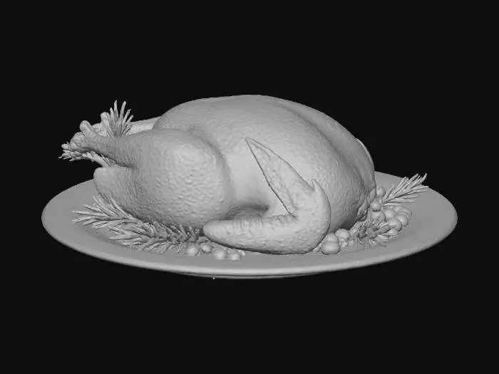 3D model for A whole roasted Thanksgiving turkey sitting on a white ceramic oval platter, golden brown crispy glazed skin, garnished with fresh rosemary sprigs and cranberries around the base, photorealistic, high detailed food texture, 4k, game asset, studio lighting, single object.