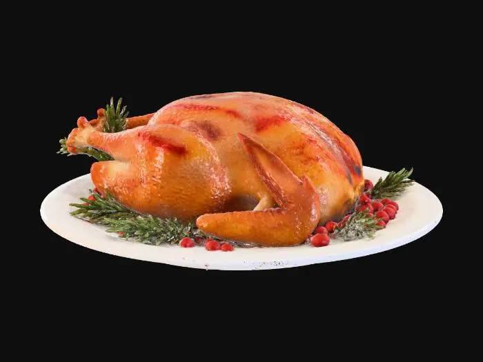 3D model for A whole roasted Thanksgiving turkey sitting on a white ceramic oval platter, golden brown crispy glazed skin, garnished with fresh rosemary sprigs and cranberries around the base, photorealistic, high detailed food texture, 4k, game asset, studio lighting, single object.