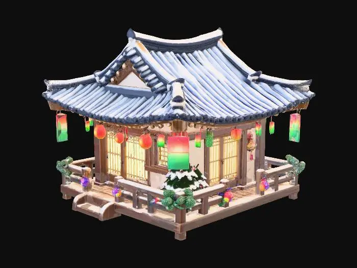 3D model for A cozy Korean hanok house decorated for Christmas, warm snowy winter atmosphere, traditional Korean wooden architecture with curved roof tiles, snow gently covering the roof, festive Christmas ornaments inspired by Korean crafts, red and green holiday lanterns styled like Korean hanji lamps, pine trees with subtle Korean patterns, high-quality stylized 3D model, soft lighting, no text or lettering, highly detailed, cute and warm feeling