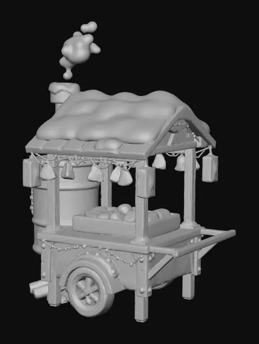 3D model for A cute Korean winter street Christmas theme sweet potato roasting cart.
Stylized toy-like 3D model, soft round shapes, Korean roasted sweet potato drum machine with small chimney steaming, red metal barrel with little roasting doors. Warm firewood under the cart. Snow on top of the cart roof and chimney. Soft color palette, warm light, cozy holiday mood. Small Korean ornaments like mini hanbok-pattern ribbons and traditional lantern (청사초롱) decoration. Christmas lights wrapped around the cart, tiny snowflakes. High quality, clean topology, 3D game asset style.