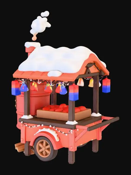 3D model for A cute Korean winter street Christmas theme sweet potato roasting cart.
Stylized toy-like 3D model, soft round shapes, Korean roasted sweet potato drum machine with small chimney steaming, red metal barrel with little roasting doors. Warm firewood under the cart. Snow on top of the cart roof and chimney. Soft color palette, warm light, cozy holiday mood. Small Korean ornaments like mini hanbok-pattern ribbons and traditional lantern (청사초롱) decoration. Christmas lights wrapped around the cart, tiny snowflakes. High quality, clean topology, 3D game asset style.