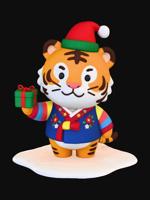 3D model for A cute Korean traditional tiger character wearing a Santa hat and hanbok-style clothing, holding a small holiday gift, playful pose, winter background with snowflakes inspired by Korean patterns, stylized 3D, charming mascot style, no text, high detail, soft colors