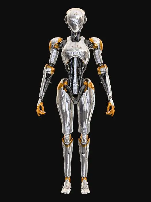3D model for An intricate bionic humanoid robot featuring a complex web of silver metallic fibers and translucent outer shells. Exposed golden gear mechanisms within the chest cavity. Sleek, aerodynamic limbs, porcelain-white finish with copper wiring. Masterpiece of mechanical engineering, surreal and elegant 3D structure.