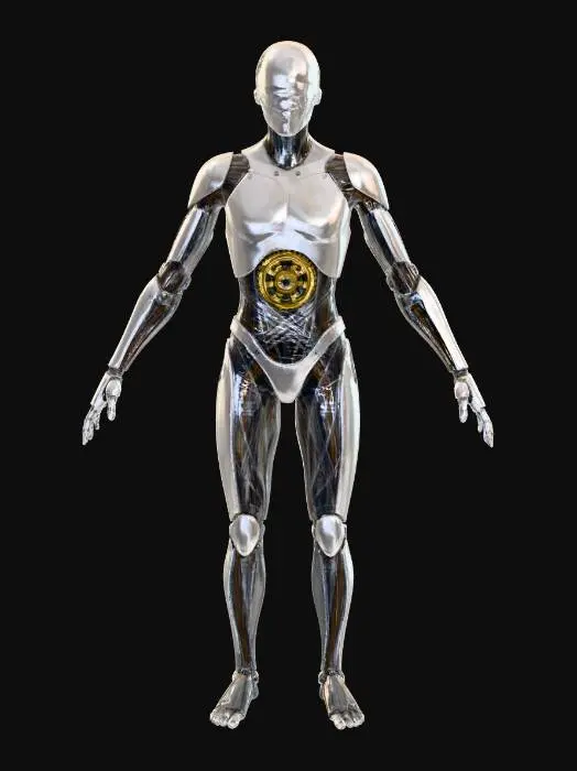 3D model for An intricate bionic humanoid robot featuring a complex web of silver metallic fibers and translucent outer shells. Exposed golden gear mechanisms within the chest cavity. Sleek, aerodynamic limbs, porcelain-white finish with copper wiring. Masterpiece of mechanical engineering, surreal and elegant 3D structure.