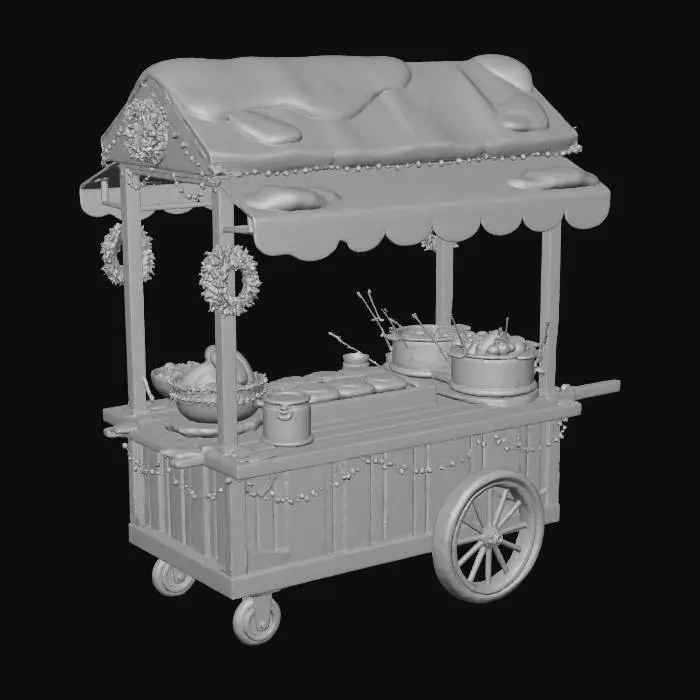 3D model for 크리스마스 테마의 아기자기한 한국 길거리 노점. 눈이 살짝 덮인 붉은색 천막과 반짝이는 LED 조명으로 장식된 나무 카트입니다. 김이 모락모락 나는 오뎅, 노릇하게 구워진 호떡, 군고구마, 그리고 윤기 나는 떡볶이가 귀여운 3D 카툰 스타일로 놓여있습니다. 따뜻하고 포근한 연말 분위기를 연출합니다.