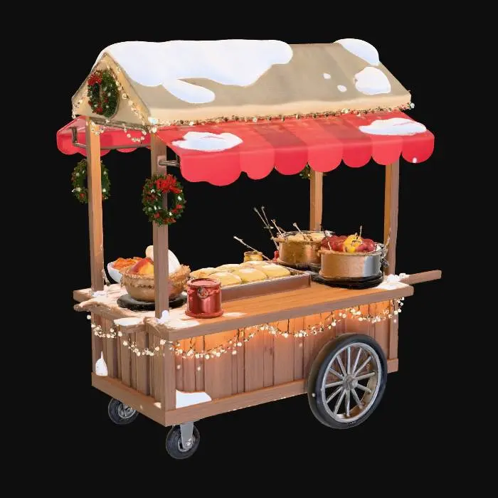 3D model for 크리스마스 테마의 아기자기한 한국 길거리 노점. 눈이 살짝 덮인 붉은색 천막과 반짝이는 LED 조명으로 장식된 나무 카트입니다. 김이 모락모락 나는 오뎅, 노릇하게 구워진 호떡, 군고구마, 그리고 윤기 나는 떡볶이가 귀여운 3D 카툰 스타일로 놓여있습니다. 따뜻하고 포근한 연말 분위기를 연출합니다.