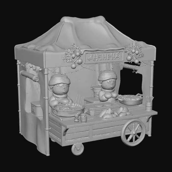 3D model for 크리스마스 테마의 아기자기한 한국 길거리 노점. 눈이 살짝 덮인 붉은색 천막과 반짝이는 LED 조명으로 장식된 나무 카트입니다. 김이 모락모락 나는 오뎅, 노릇하게 구워진 호떡, 군고구마, 그리고 윤기 나는 떡볶이가 귀여운 3D 카툰 스타일로 놓여있습니다. 따뜻하고 포근한 연말 분위기를 연출합니다.