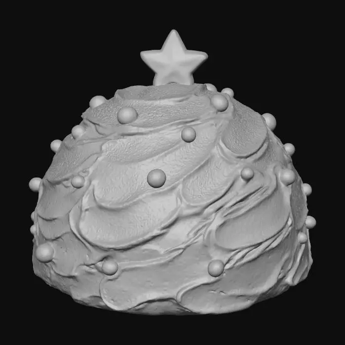 3D model for 귀여운 크리스마스트리 모양의 3D 케이크 모델. 진한 초록색 프로스팅으로 덮여있고, 표면에는 섬세한 크림 질감이 느껴진다. 눈처럼 하얀 설탕 가루와 반짝이는 작은 빨간색 베리, 금색 구슬 장식이 뿌려져 있으며, 맨 위에는 빛나는 노란색 설탕별이 꽂혀있다. 전체적으로 부드럽고 둥근 외형과 촉촉한 질감이 강조된, 매우 먹음직스러운 모습이다.