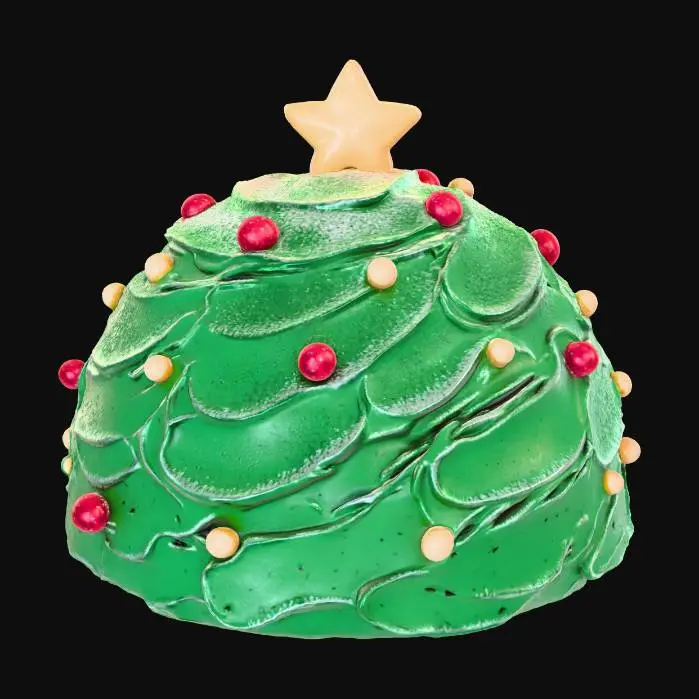 3D model for 귀여운 크리스마스트리 모양의 3D 케이크 모델. 진한 초록색 프로스팅으로 덮여있고, 표면에는 섬세한 크림 질감이 느껴진다. 눈처럼 하얀 설탕 가루와 반짝이는 작은 빨간색 베리, 금색 구슬 장식이 뿌려져 있으며, 맨 위에는 빛나는 노란색 설탕별이 꽂혀있다. 전체적으로 부드럽고 둥근 외형과 촉촉한 질감이 강조된, 매우 먹음직스러운 모습이다.