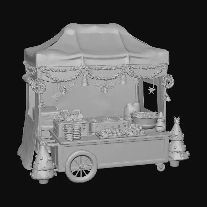 3D model for 크리스마스 테마의 아기자기한 한국 길거리 노점. 눈이 살짝 덮인 붉은색 천막과 반짝이는 LED 조명으로 장식된 나무 카트입니다. 김이 모락모락 나는 오뎅, 노릇하게 구워진 호떡, 군고구마, 그리고 윤기 나는 떡볶이가 귀여운 3D 카툰 스타일로 놓여있습니다. 따뜻하고 포근한 연말 분위기를 연출합니다.