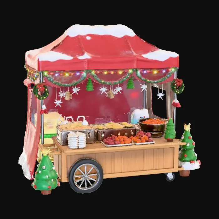 3D model for 크리스마스 테마의 아기자기한 한국 길거리 노점. 눈이 살짝 덮인 붉은색 천막과 반짝이는 LED 조명으로 장식된 나무 카트입니다. 김이 모락모락 나는 오뎅, 노릇하게 구워진 호떡, 군고구마, 그리고 윤기 나는 떡볶이가 귀여운 3D 카툰 스타일로 놓여있습니다. 따뜻하고 포근한 연말 분위기를 연출합니다.