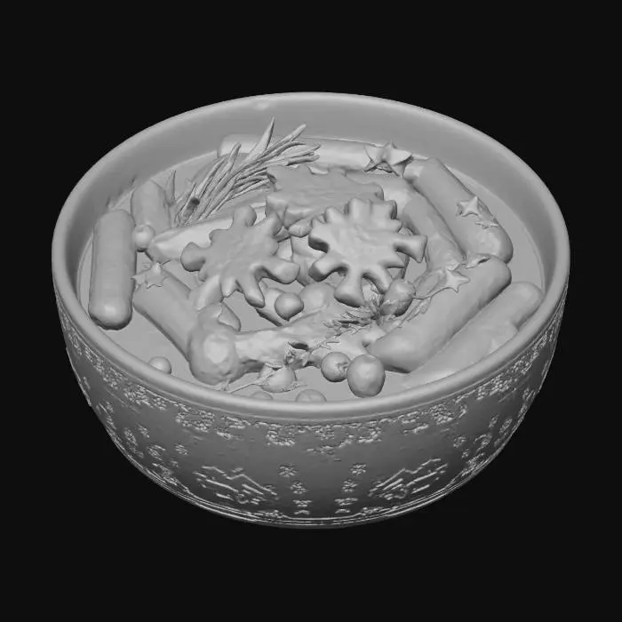 3D model for 크리스마스 콜라보 프리미엄 떡볶이 3D 모델. 깊은 녹색과 화려한 금색 패턴으로 장식된 고급스러운 그릇에 담겨있다. 윤기나는 짙은 붉은색 소스의 떡볶이 위에는 눈꽃 모양의 고급 치즈와 신선한 초록색 허브, 작은 빨간색 베리, 그리고 반짝이는 식용 금색 별들이 아름답게 어우러져 있다. 따뜻하고 풍성한 질감과 고급스러운 디테일이 돋보이는, 크리스마스 파티에 완벽한 귀여운 3D 스타일이다.