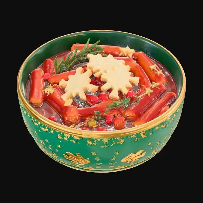 3D model for 크리스마스 콜라보 프리미엄 떡볶이 3D 모델. 깊은 녹색과 화려한 금색 패턴으로 장식된 고급스러운 그릇에 담겨있다. 윤기나는 짙은 붉은색 소스의 떡볶이 위에는 눈꽃 모양의 고급 치즈와 신선한 초록색 허브, 작은 빨간색 베리, 그리고 반짝이는 식용 금색 별들이 아름답게 어우러져 있다. 따뜻하고 풍성한 질감과 고급스러운 디테일이 돋보이는, 크리스마스 파티에 완벽한 귀여운 3D 스타일이다.