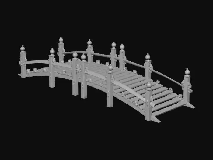 3D model for a hyper realistic wood bridge with a curve in the middle, and wooden hand railings.