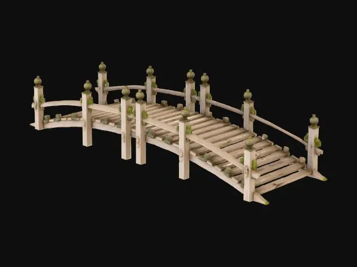 3D model for a hyper realistic wood bridge with a curve in the middle, and wooden hand railings.