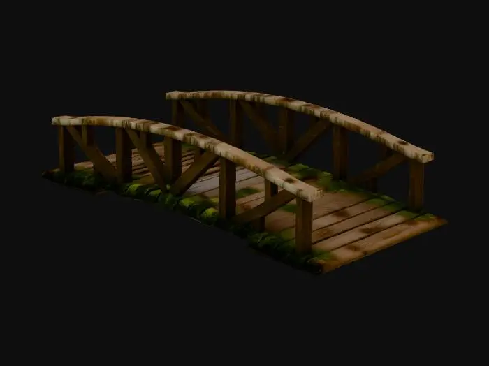 3D model for a hyper realistic wood bridge with a curve in the middle, and wooden hand railings.