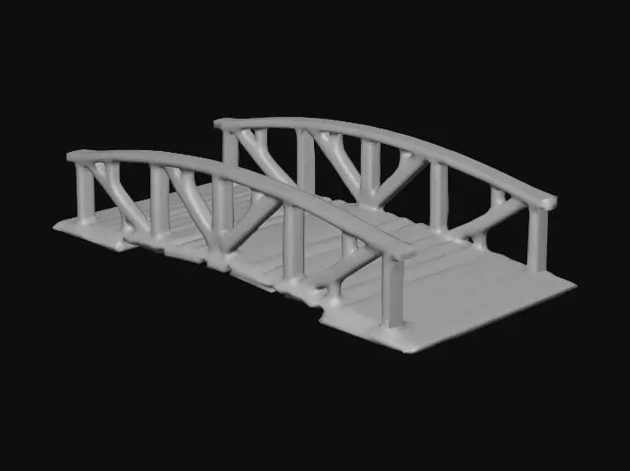 3D model for a hyper realistic wood bridge with a curve in the middle, and wooden hand railings.