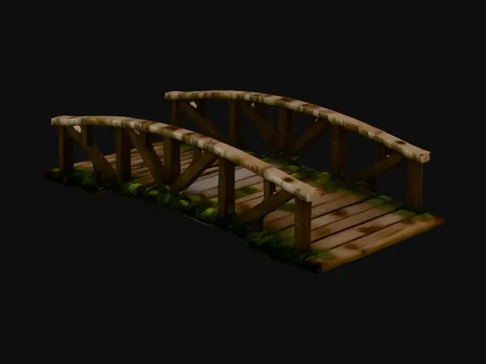 3D model for a hyper realistic wood bridge with a curve in the middle, and wooden hand railings.