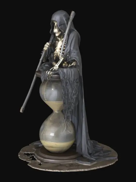 3D model for un esqueleto con capa y capucha raída con una guadaña y sentado encima de un reloj de arena gigante
