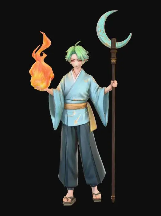 3D model for The object is an anime-style character with green hair, vibrant yellow-purple eyes, and a blue and tea-colored kimono, holding a swirling flame, characterized by soft, flowing lines and a smooth texture, carrying a staff with a large crescent moon blade on the end
