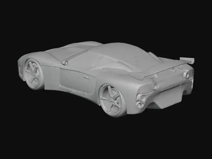 3D model for A sleek, modern sports car featuring a wide, aerodynamic body with a vibrant metallic teal-blue finish that transitions to a deeper blue. It displays broad glossy black racing stripes, edged with thin red pinstripes, across the hood and roof. The front includes a honeycomb mesh grille and distinct headlights. Side panels incorporate sculpted air intakes, and a prominent black rear spoiler extends from the roof. Black multi-spoke wheels with striking gold accents complete its aggressive profile.