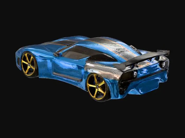 3D model for A sleek, modern sports car featuring a wide, aerodynamic body with a vibrant metallic teal-blue finish that transitions to a deeper blue. It displays broad glossy black racing stripes, edged with thin red pinstripes, across the hood and roof. The front includes a honeycomb mesh grille and distinct headlights. Side panels incorporate sculpted air intakes, and a prominent black rear spoiler extends from the roof. Black multi-spoke wheels with striking gold accents complete its aggressive profile.