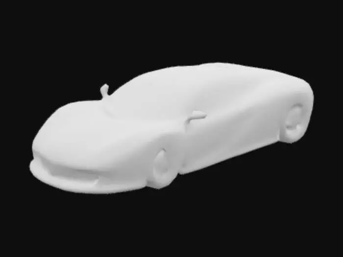 3D model for une voiture de sport à la fois démoniaque et élégante caractérisée par sa forme courbée et ses feux arrière circulaires proéminents et trois pots échappements qui forme un triangle et placée au centre du pare choc arrière, présentant une position basse et large et des surfaces légèrement incurvées , Ultra réaliste, Très détaillé