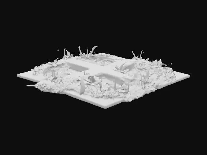 3D model for Game-ready modular 3D tile, broken asphalt road intersection, potholes filled with dirt and plants, ivy creeping over edges, debris scattered, low-poly, PBR textures, suitable for grid-based RPG
