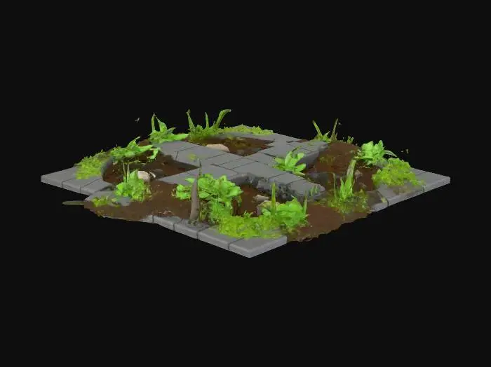 3D model for Game-ready modular 3D tile, broken asphalt road intersection, potholes filled with dirt and plants, ivy creeping over edges, debris scattered, low-poly, PBR textures, suitable for grid-based RPG

