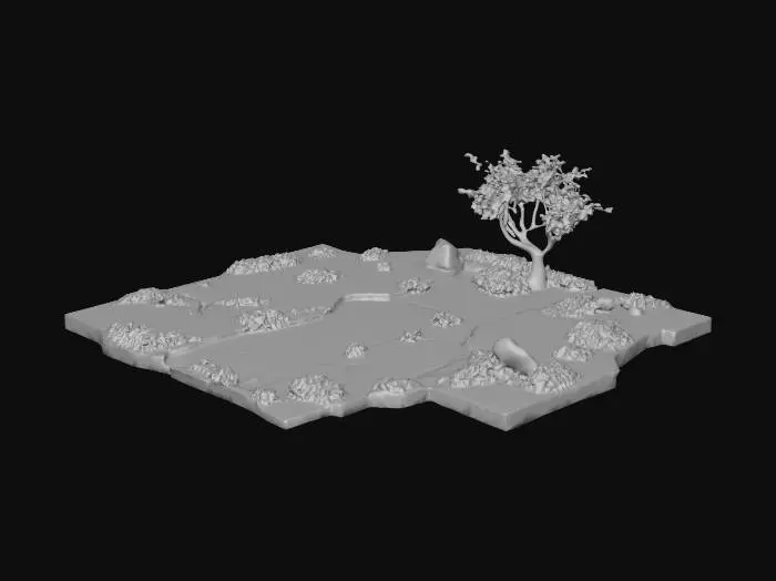 3D model for Game-ready modular 3D tile, post-apocalyptic ruins with nature reclaiming, cracked concrete floor, broken road with grass and weeds growing through, small trees and ivy, debris and rubble, low-poly optimized for game engine, PBR textures, realistic but stylized for RPG environment
