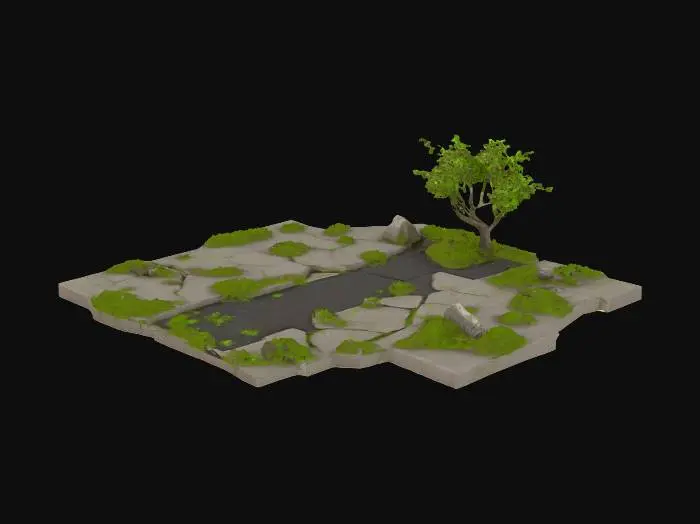 3D model for Game-ready modular 3D tile, post-apocalyptic ruins with nature reclaiming, cracked concrete floor, broken road with grass and weeds growing through, small trees and ivy, debris and rubble, low-poly optimized for game engine, PBR textures, realistic but stylized for RPG environment
