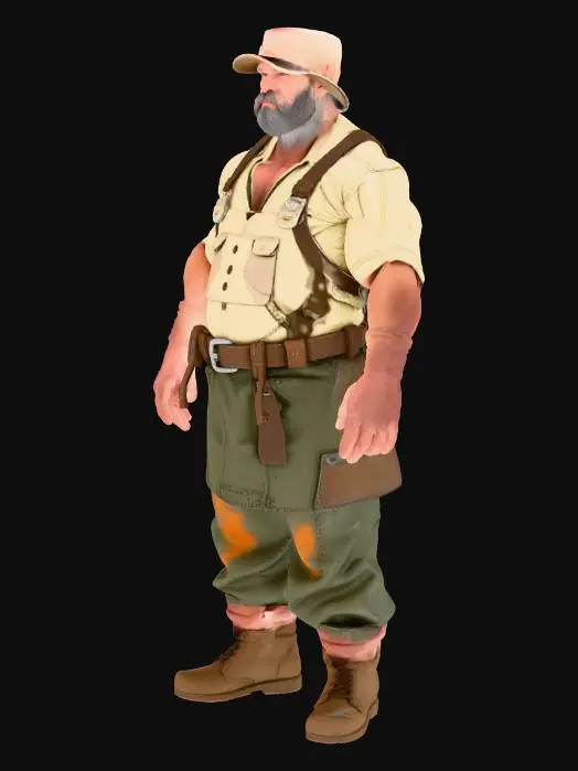 3D model for Full body T-pose. Male veteran mine overseer from a brutal penal colony. Strong, weathered build. Wears a reinforced work outfit: thick, dirty green or brown tunic under a sturdy leather vest with metal studs, patched trousers, heavy worn boots. Rope belt with tools: hammer, chisel, small pick. Forearms wrapped with leather bracers. Shoulders covered by a rough cloth mantle or padded worker’s layer. Face stern, scarred, unshaven, covered in dust and soot. Hair tied back or short and messy. Clothing dirty, sun-bleached, heavily used but clearly better quality than regular workers. No fantasy effects. Neutral studio background.