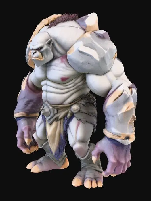 3D model for Full body T-pose. Massive troll with hunched, quadruped-leaning posture and extremely long forearms that reach below the knees. Body wide, heavy and slab-like, with thick stone-textured gray skin and rough boulder-like plates across the shoulders and back. Small recessed eyes, flat broad nose, huge jaw with blunt yet powerful teeth. Neck short and buried in muscle and stone plates. Legs short but extremely thick, built for weight, unlike humanoid proportions. Hands large and gorilla-like with thick claws. No armor or clothing, only natural rocky growths. Moves like a primitive mountain beast, not a humanoid. Neutral studio background.