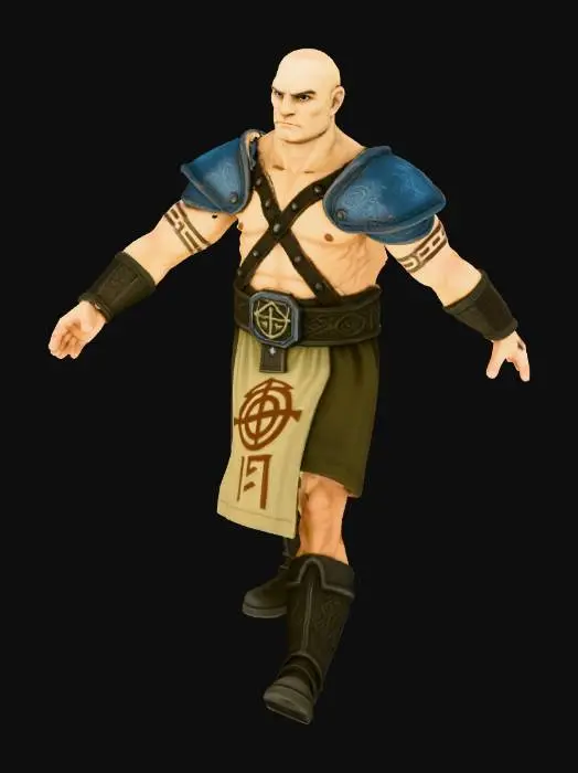 3D model for Full body T-pose character. Bald, muscular male warrior-priest from an ancient swamp cult. Bare chest with ritual tattoos on the arms. Leather straps forming a harness across the torso. Large metal pauldrons with intricate geometric engravings resembling labyrinth patterns. Ornamental belt with cult symbols. Long cloth apron decorated with vertical mystical glyphs. Heavy boots and bracers with engraved patterns matching the shoulder armor. Arms extended horizontally, legs straight, neutral facial expression. High-resolution textures, slightly rugged low-fantasy aesthetic. Neutral studio background.