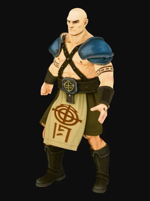 3D model for Full body T-pose character. Bald, muscular male warrior-priest from an ancient swamp cult. Bare chest with ritual tattoos on the arms. Leather straps forming a harness across the torso. Large metal pauldrons with intricate geometric engravings resembling labyrinth patterns. Ornamental belt with cult symbols. Long cloth apron decorated with vertical mystical glyphs. Heavy boots and bracers with engraved patterns matching the shoulder armor. Arms extended horizontally, legs straight, neutral facial expression. High-resolution textures, slightly rugged low-fantasy aesthetic. Neutral studio background.