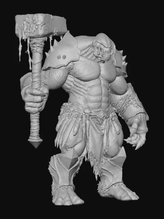 3D model for Full body T-pose. Massive troll with thick, jagged, scale-like armor covering the body. Skin dark green–brown with rocky textures and heavy plates along arms, shoulders and back. Huge torso, powerful limbs, long arms nearly reaching knees. Deformed monstrous face with protruding teeth, heavy jaw and deep-set eyes. Wearing only crude, torn loincloth with rope, leather scraps and metal bits. One hand holds a massive primitive club made of wood and iron bands (or empty if needed). Brutal, gritty dark-fantasy aesthetic. Neutral studio background.