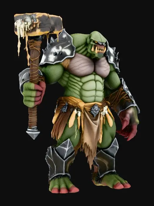 3D model for Full body T-pose. Massive troll with thick, jagged, scale-like armor covering the body. Skin dark green–brown with rocky textures and heavy plates along arms, shoulders and back. Huge torso, powerful limbs, long arms nearly reaching knees. Deformed monstrous face with protruding teeth, heavy jaw and deep-set eyes. Wearing only crude, torn loincloth with rope, leather scraps and metal bits. One hand holds a massive primitive club made of wood and iron bands (or empty if needed). Brutal, gritty dark-fantasy aesthetic. Neutral studio background.