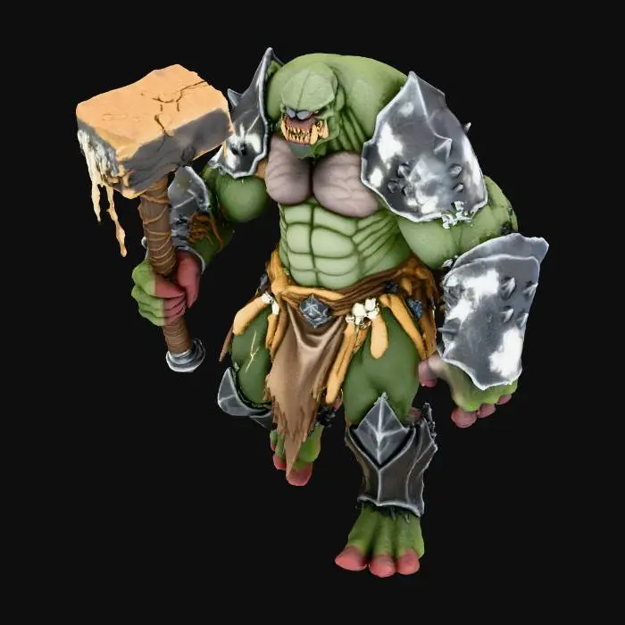 3D model for Full body T-pose. Massive troll with thick, jagged, scale-like armor covering the body. Skin dark green–brown with rocky textures and heavy plates along arms, shoulders and back. Huge torso, powerful limbs, long arms nearly reaching knees. Deformed monstrous face with protruding teeth, heavy jaw and deep-set eyes. Wearing only crude, torn loincloth with rope, leather scraps and metal bits. One hand holds a massive primitive club made of wood and iron bands (or empty if needed). Brutal, gritty dark-fantasy aesthetic. Neutral studio background.