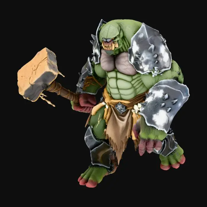3D model for Full body T-pose. Massive troll with thick, jagged, scale-like armor covering the body. Skin dark green–brown with rocky textures and heavy plates along arms, shoulders and back. Huge torso, powerful limbs, long arms nearly reaching knees. Deformed monstrous face with protruding teeth, heavy jaw and deep-set eyes. Wearing only crude, torn loincloth with rope, leather scraps and metal bits. One hand holds a massive primitive club made of wood and iron bands (or empty if needed). Brutal, gritty dark-fantasy aesthetic. Neutral studio background.