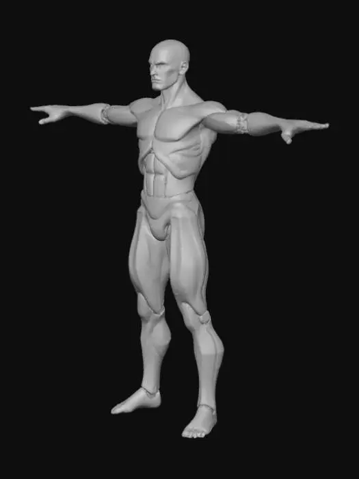 3D model for T-Pose, Half human and Half Robot with robot hands and legs. Dark red with rusty on the material. Little wires showing. Fingers spread, Male, Full Robot armor
