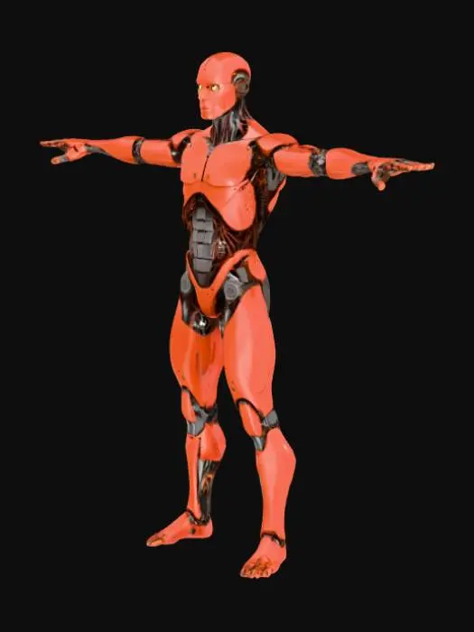 3D model for T-Pose, Half human and Half Robot with robot hands and legs. Dark red with rusty on the material. Little wires showing. Fingers spread, Male, Full Robot armor