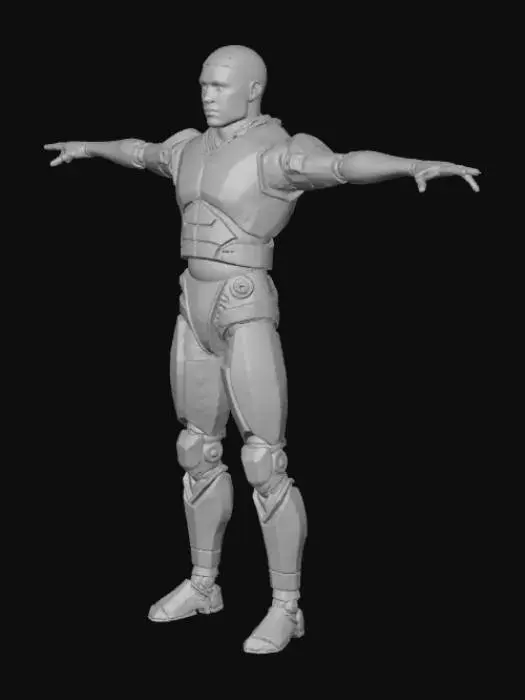3D model for T-Pose, Half human and Half Robot with robot hands and legs. Dark blue with rusty on the material. Little wires showing. Fingers spread, Male figure, Full Robot armor, low polygon