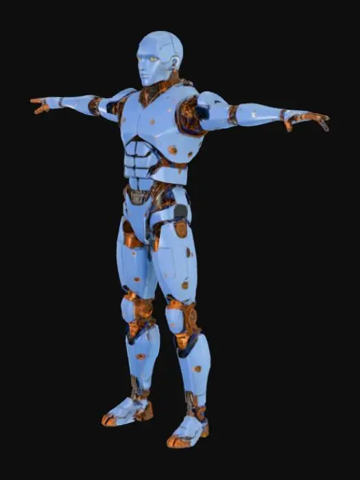 3D model for T-Pose, Half human and Half Robot with robot hands and legs. Dark blue with rusty on the material. Little wires showing. Fingers spread, Male figure, Full Robot armor, low polygon