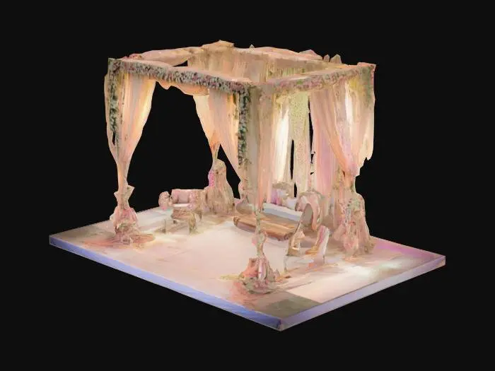 3D model for  destination Indian wedding stage, featuring light, airy colors and a tropical. The stage should have soft pastels, including shades of ivory, light pink. Incorporate delicate elements such as flowing chiffon drapes, elegant floral arrangements with tropical flowers, and understated, luxurious furniture. The stage should have a sense of openness. The atmosphere should convey a sophisticated yet relaxed, destination wedding vibecalm, serene, and celebratory.Subtle lighting, such as hanging lights