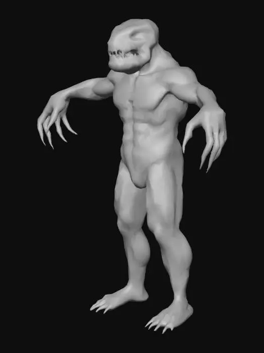 3D model for A horrifying humanoid creature, standing tall on thin, sinewy legs. Its arms are equally slender, ending in clawed, bony fingers. Its emaciated body has barely any skin, revealing sharp bones and sinew beneath. Its elongated, reptilian face features deep-set, piercing eyes and a mouth lined with jagged teeth. Its dark, leathery patches of skin cling tightly to its skeletal form, giving it a disturbing, otherworldly presence, as if from a nightmare, T POSE.