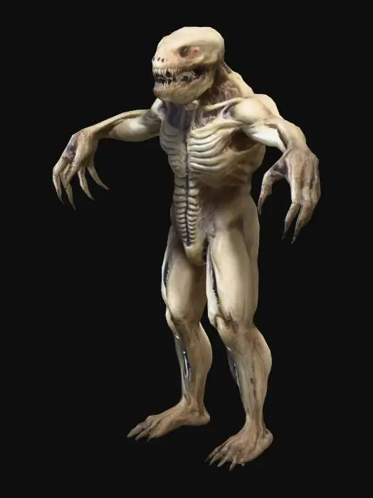 3D model for A horrifying humanoid creature, standing tall on thin, sinewy legs. Its arms are equally slender, ending in clawed, bony fingers. Its emaciated body has barely any skin, revealing sharp bones and sinew beneath. Its elongated, reptilian face features deep-set, piercing eyes and a mouth lined with jagged teeth. Its dark, leathery patches of skin cling tightly to its skeletal form, giving it a disturbing, otherworldly presence, as if from a nightmare, T POSE.