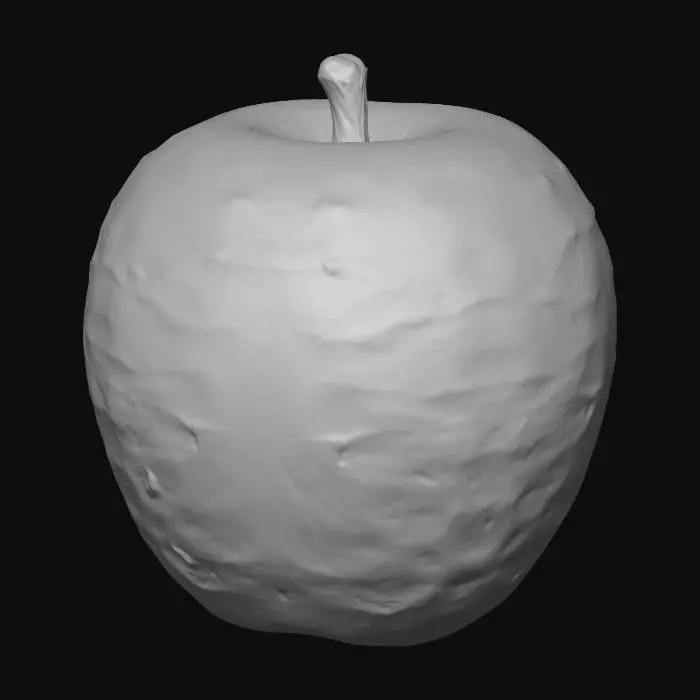 3D model for Ultra-realistic 3D apple, photorealistic with natural imperfections. Red apple with subtle yellow/green variation, detailed skin pores, speckles, and slight surface irregularities. Waxy material with soft reflections and micro-surface detail. Realistic woody stem, slightly asymmetrical. Use PBR workflow with 4K textures: albedo, normal, roughness, AO, and subsurface scattering. Slight translucency at edges. Studio lighting with soft key and rim light, neutral background. Clean topology, evenly distributed polygons, optimized low-to-mid poly mesh suitable for games, preserving silhouette and detail through textures.
